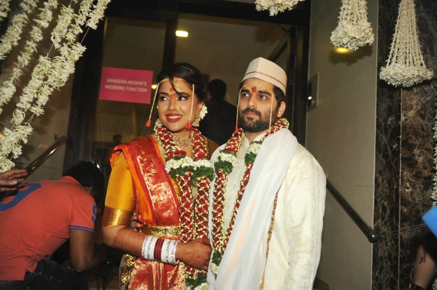 Sameera Reddy with husband Akshai Varde posing at her wedding in Mumbai ...